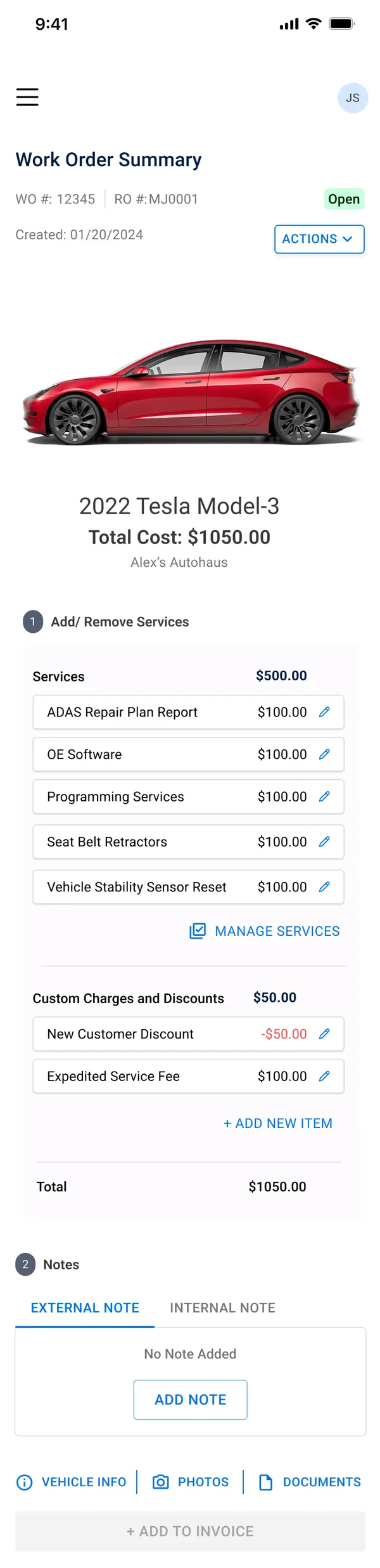 Work order summary screen for a 2022 Tesla Model 3