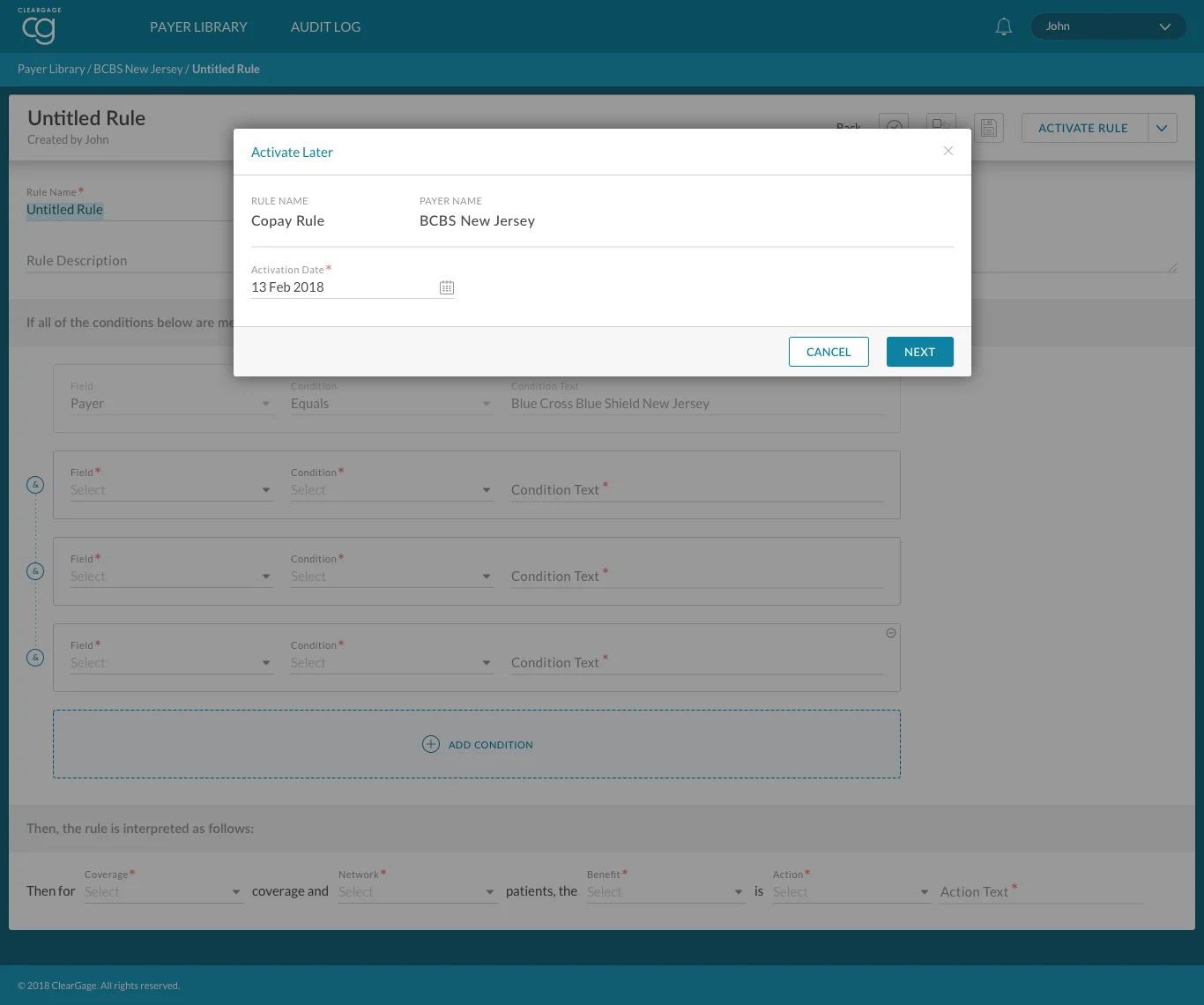 Activate later dialog with rule name, payer and activation date