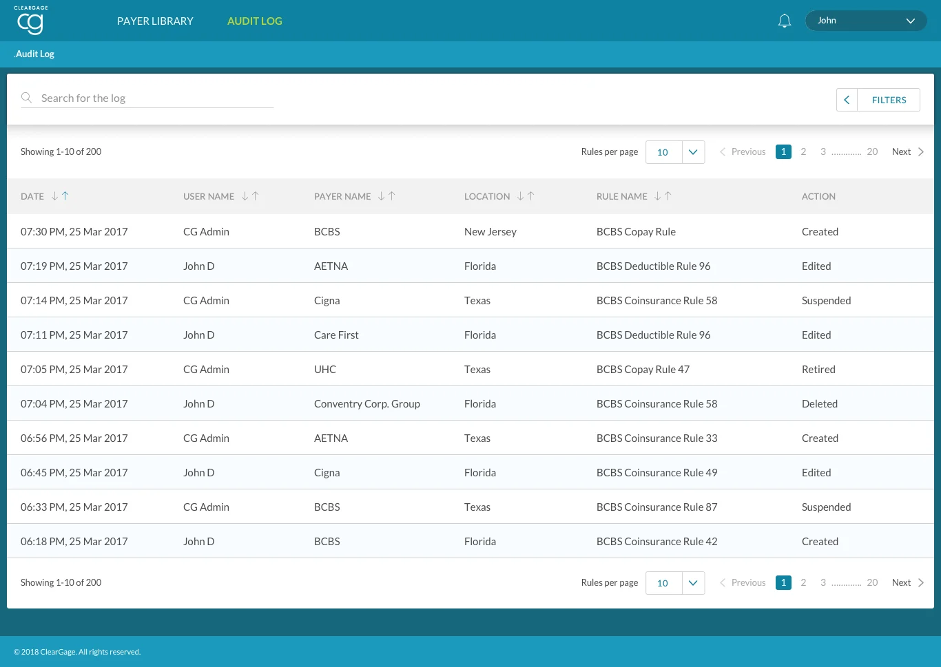 Audit log table with date, user, payer, location, rule and action