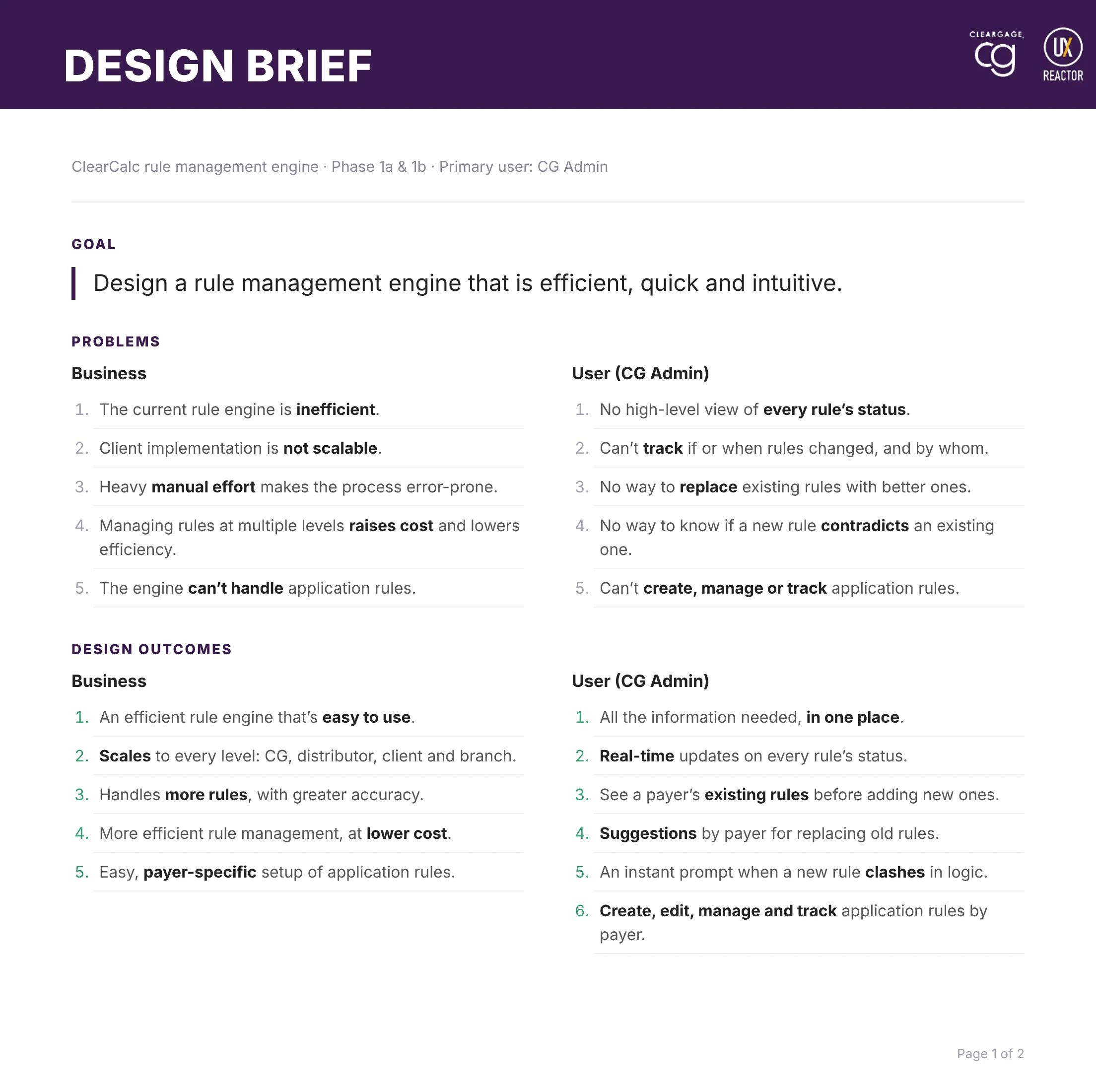 Design brief page 1: the goal, five business and five admin problems, and the design outcomes for the business and for admins