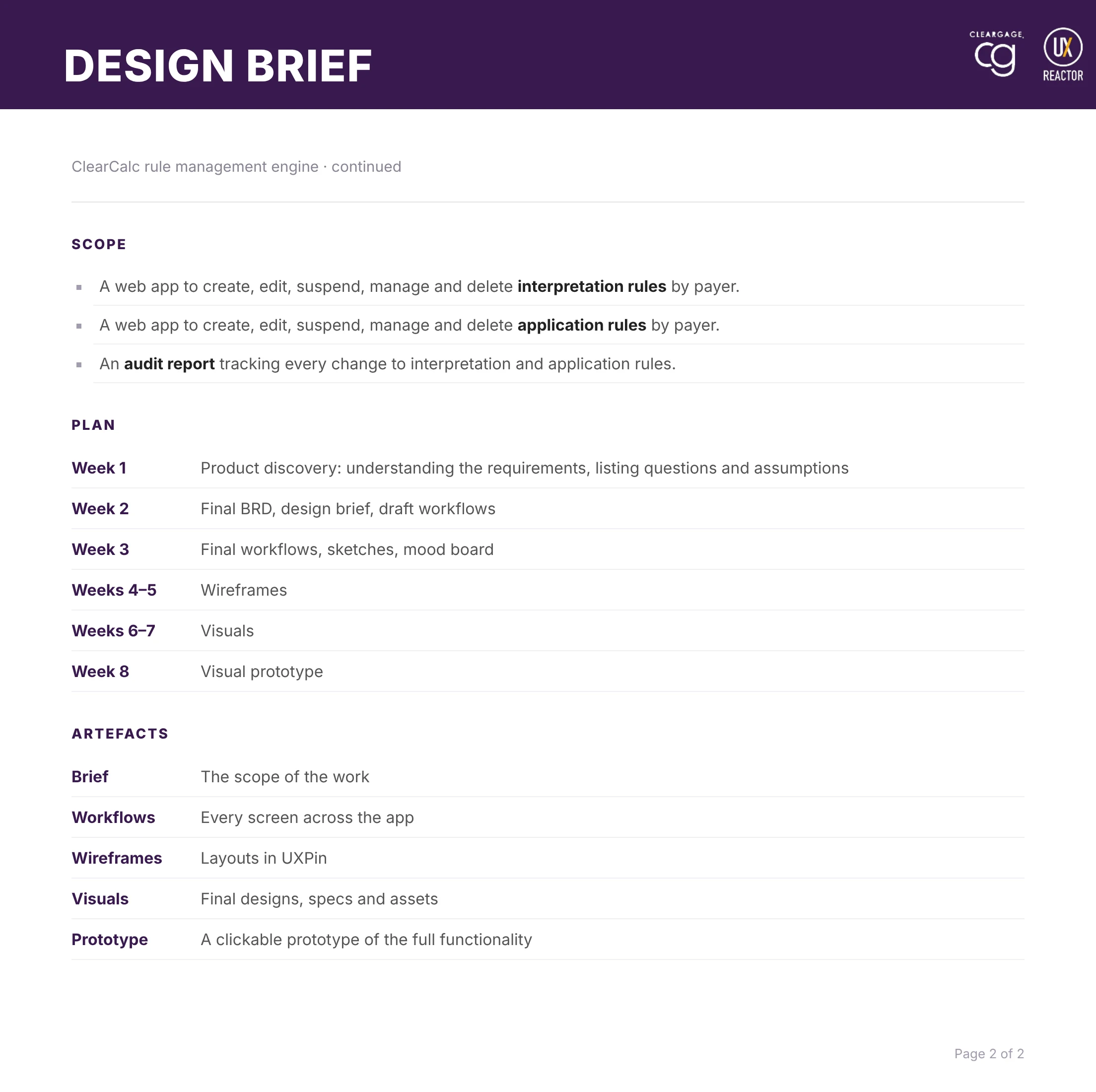 Design brief page 2: scope, the eight-week plan and the artefacts