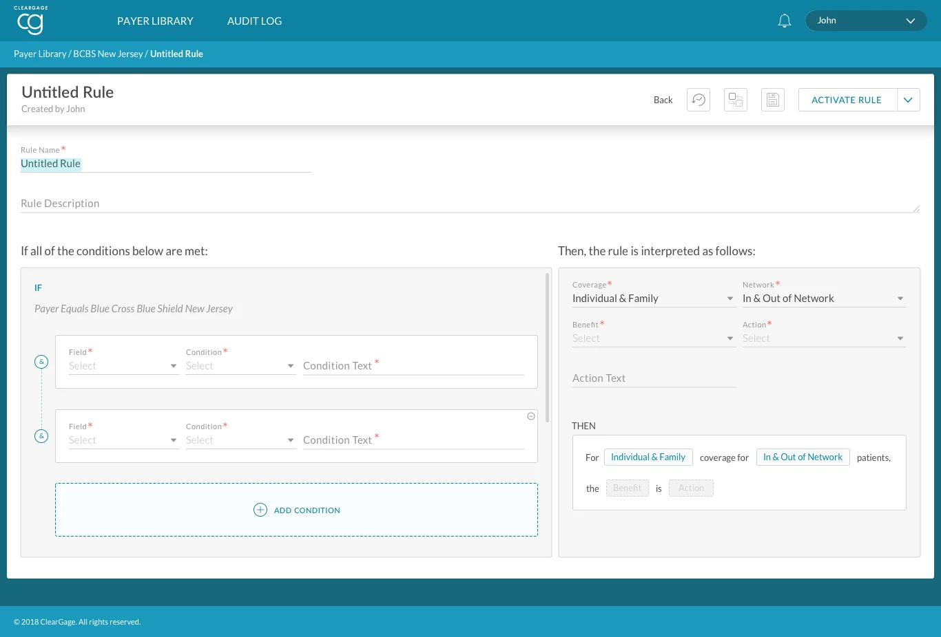 Blank create rule screen with condition fields on the left and a THEN sentence builder on the right