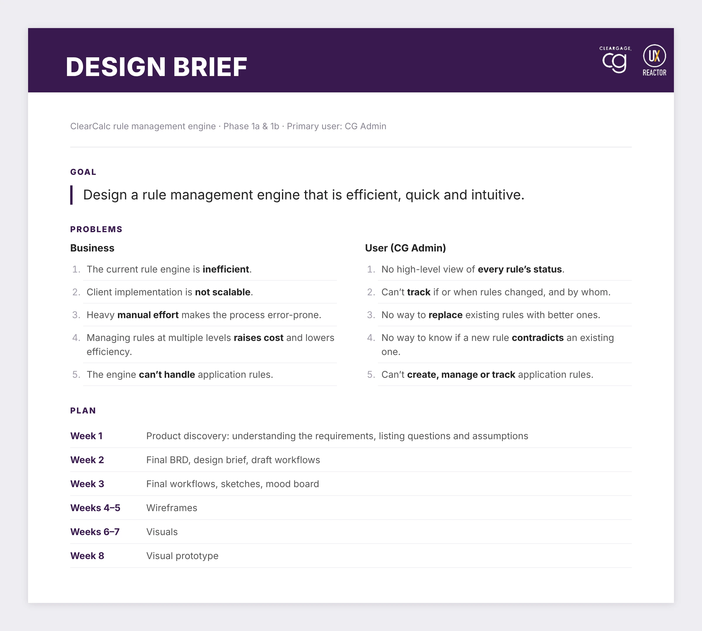 Design brief: the goal, five business problems, five CG Admin problems and an eight-week plan