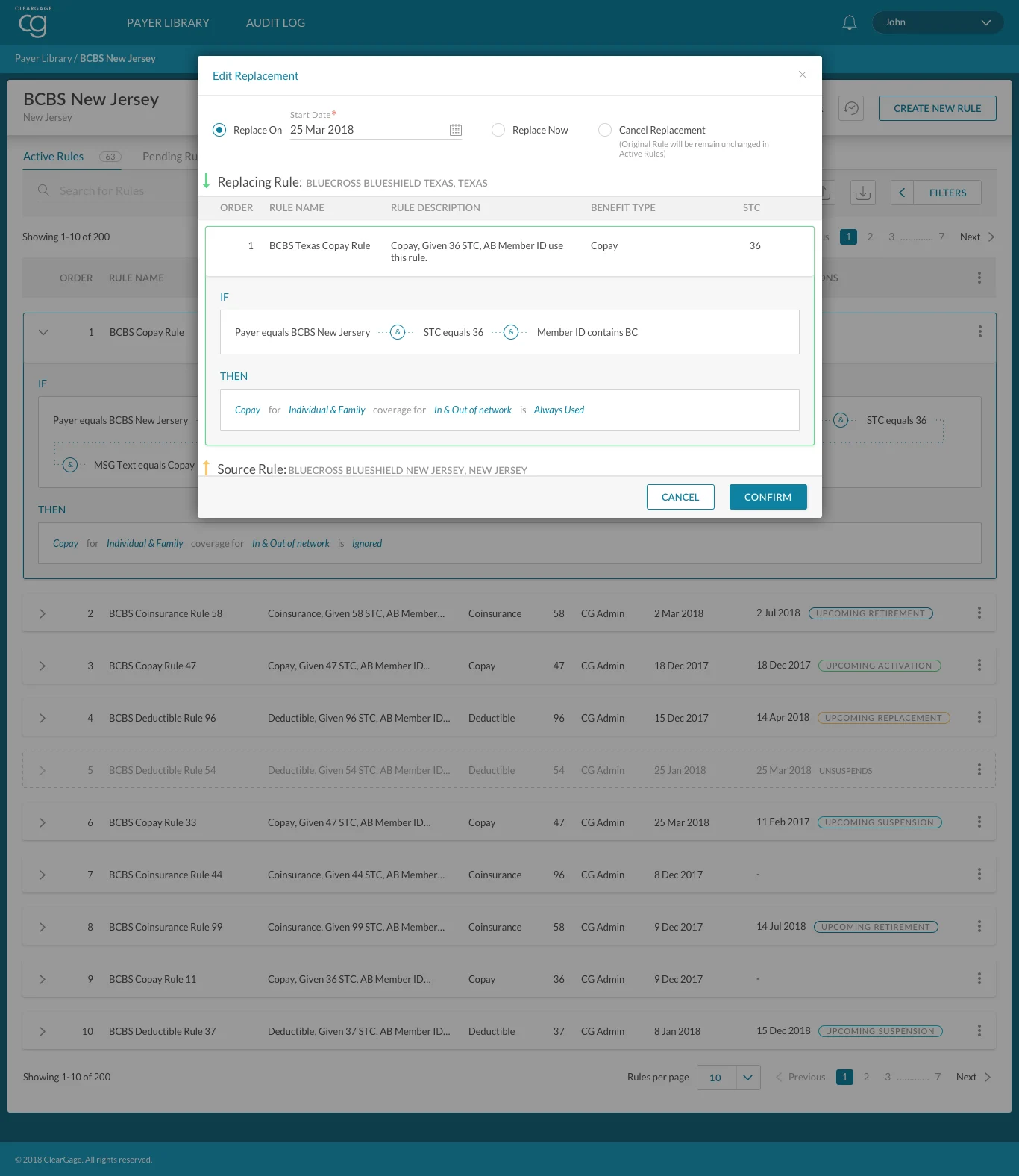 Final payer rules screen with Upcoming retirement, activation and replacement badges, and an Edit replacement dialog to replace on a date, replace now or cancel