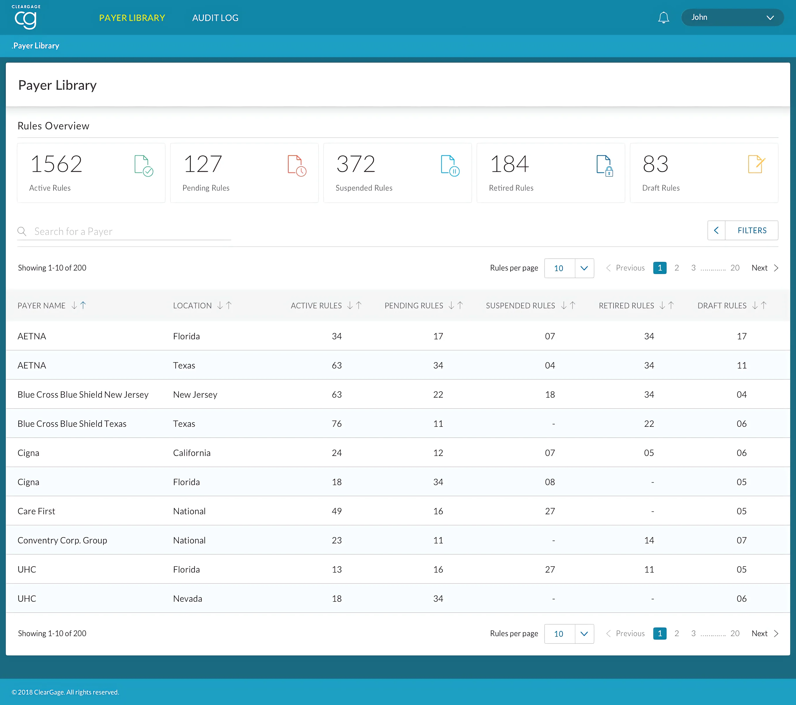ClearGage payer library with a rules overview and payer table