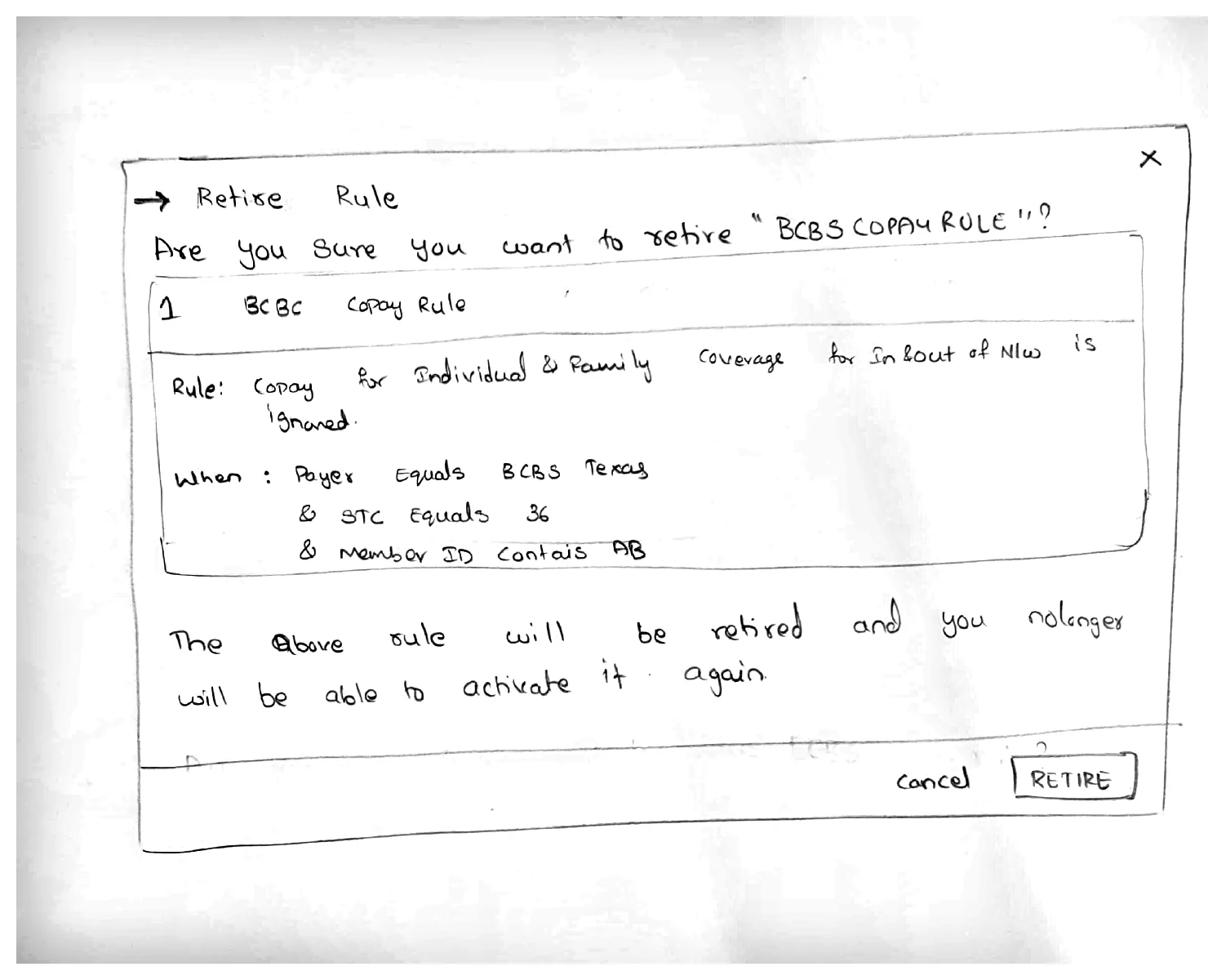 Pencil sketch of a retire rule dialog showing the full rule and a warning that it cannot be activated again
