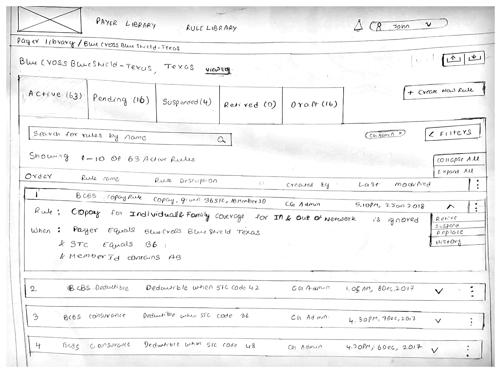 Pencil sketch of a payer’s rules list with a menu of retire, suspend, replace and history on a rule