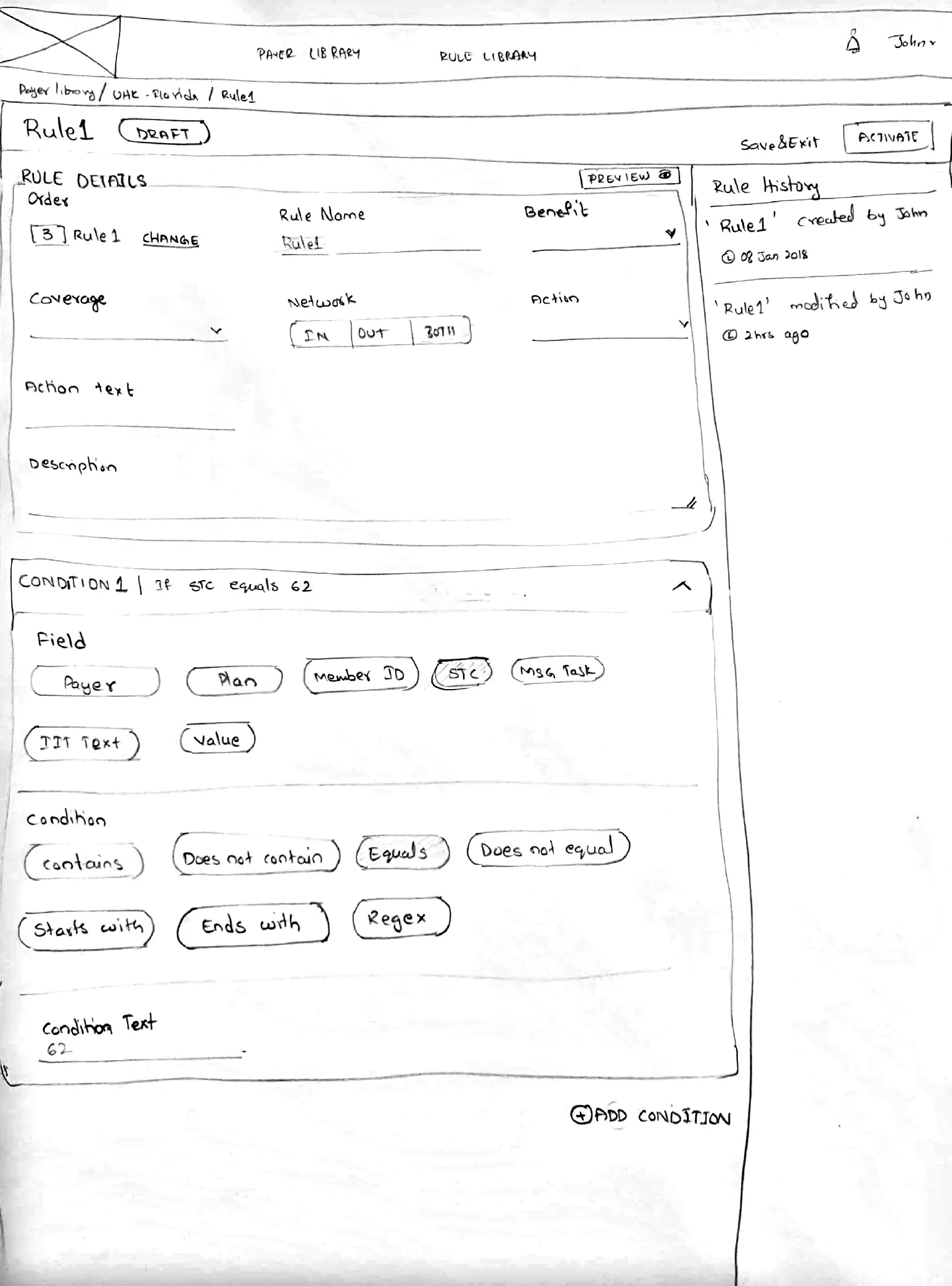 Pencil sketch of rule details on top with each condition as an expandable panel of field and operator chips