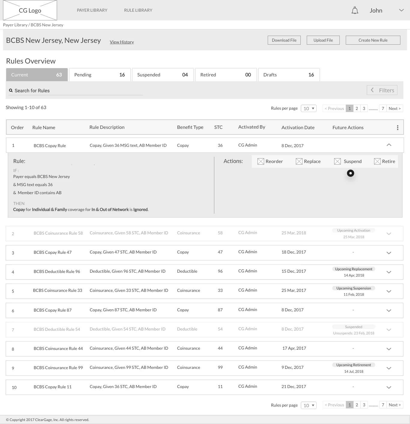 Payer rules wireframe with several queued actions on one rule