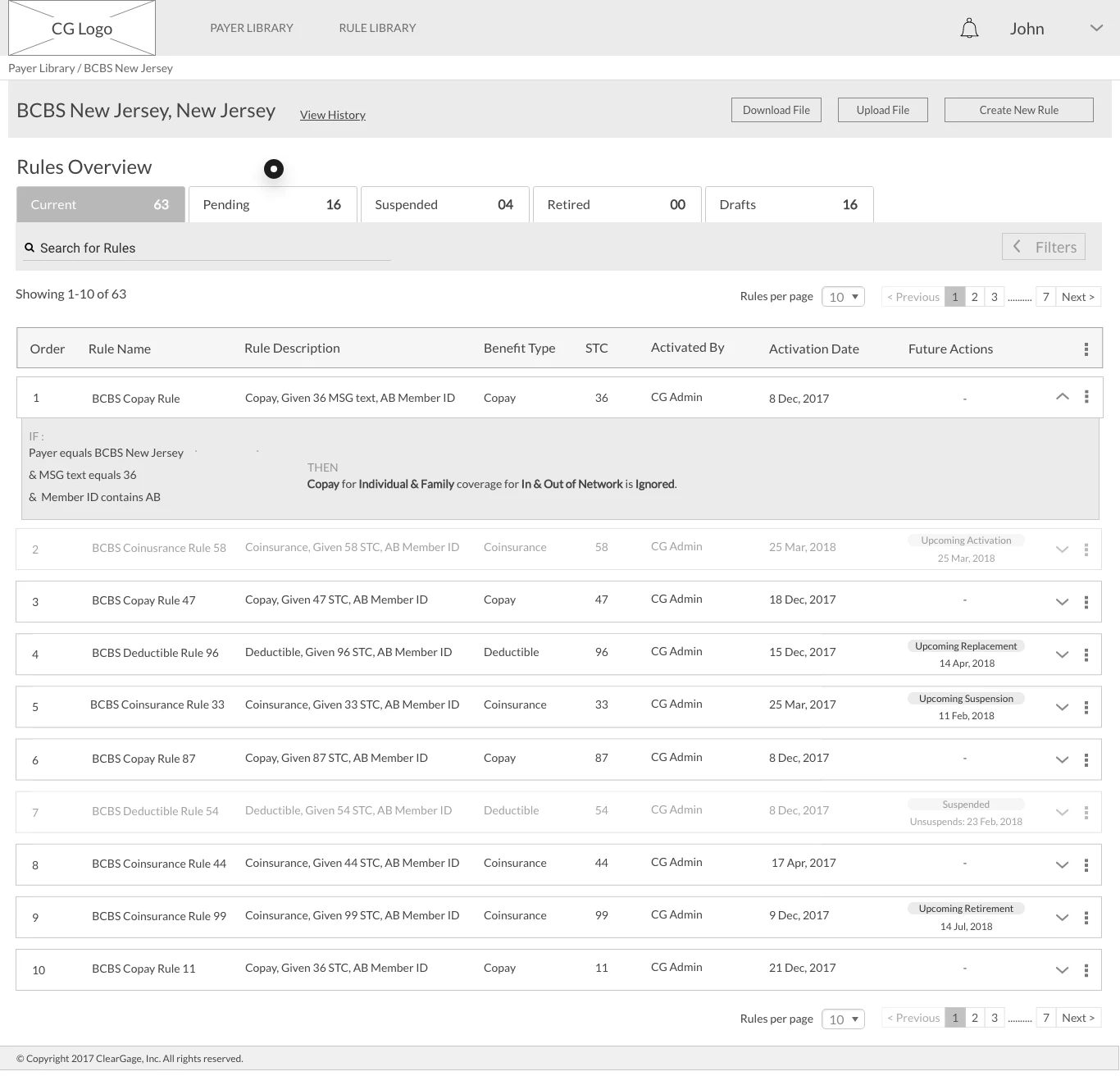 Payer rules wireframe where each rule shows a single upcoming change