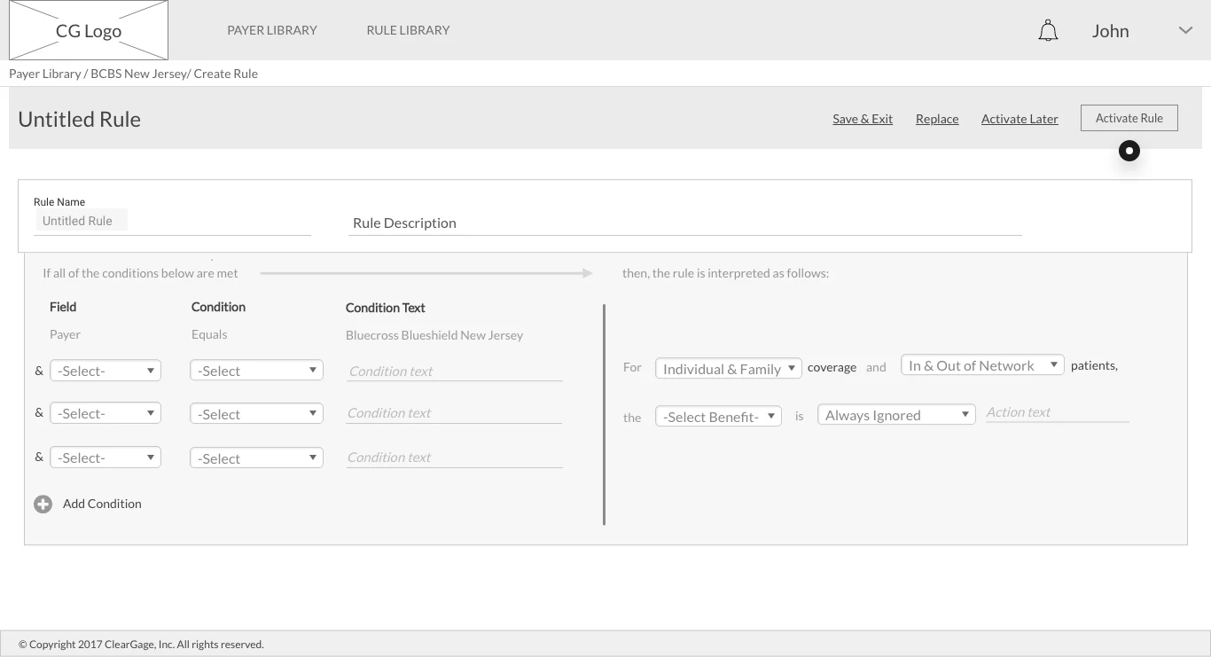 Single-screen rule creation wireframe with IF conditions on the left and the THEN outcome on the right