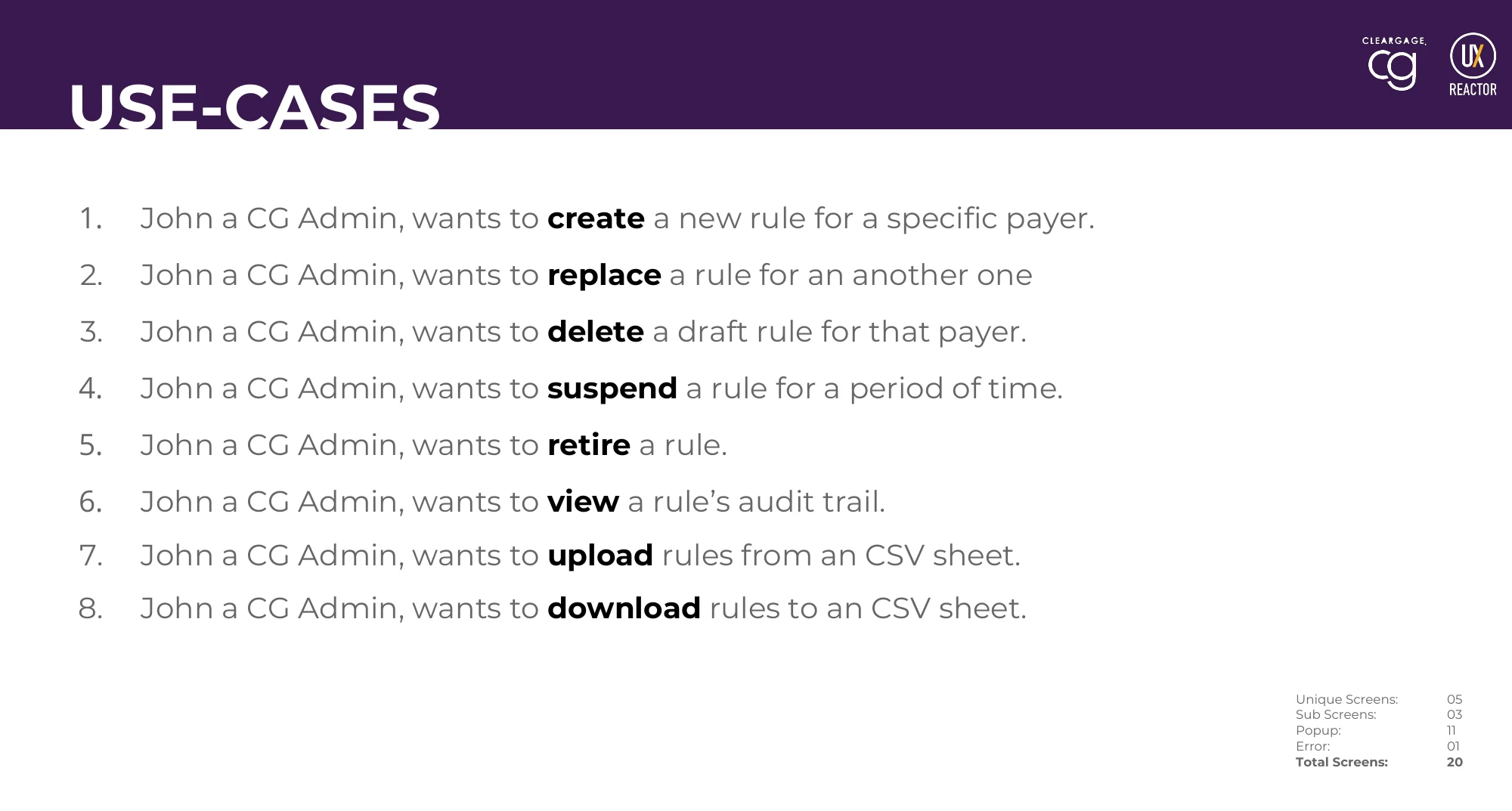 List of eight use cases: a CG Admin wants to create, replace, delete, suspend, retire, view the audit trail of, upload and download rules