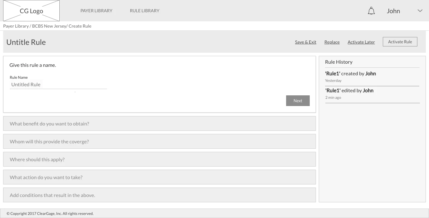 Wizard wireframe, step 1 of 6