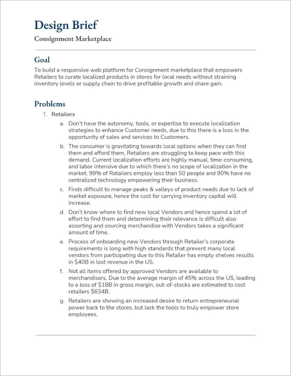 Design brief document: goal and list of retailer problems