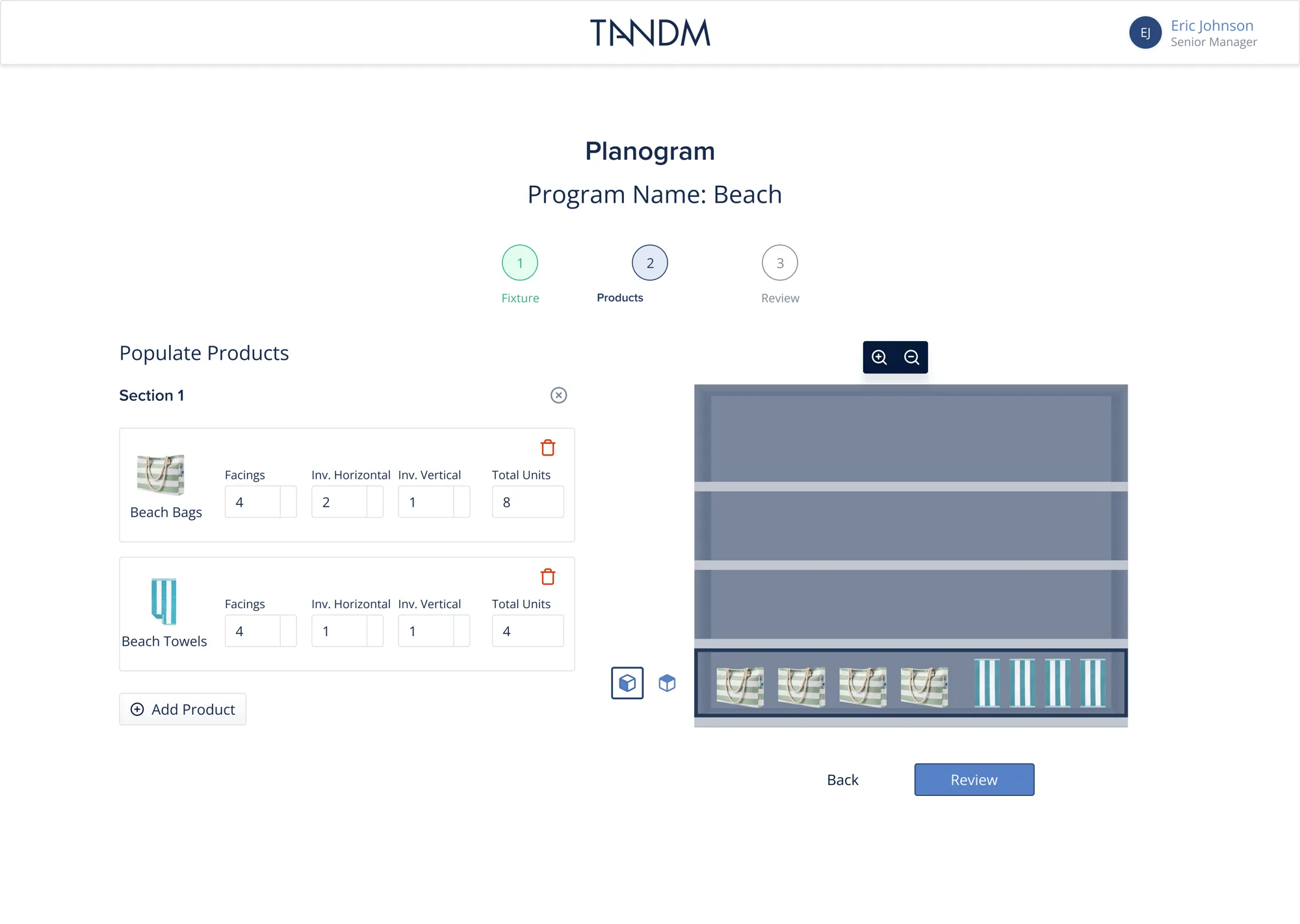 Planogram for the Beach program: beach bags and towels placed on a shelf section with facings and units