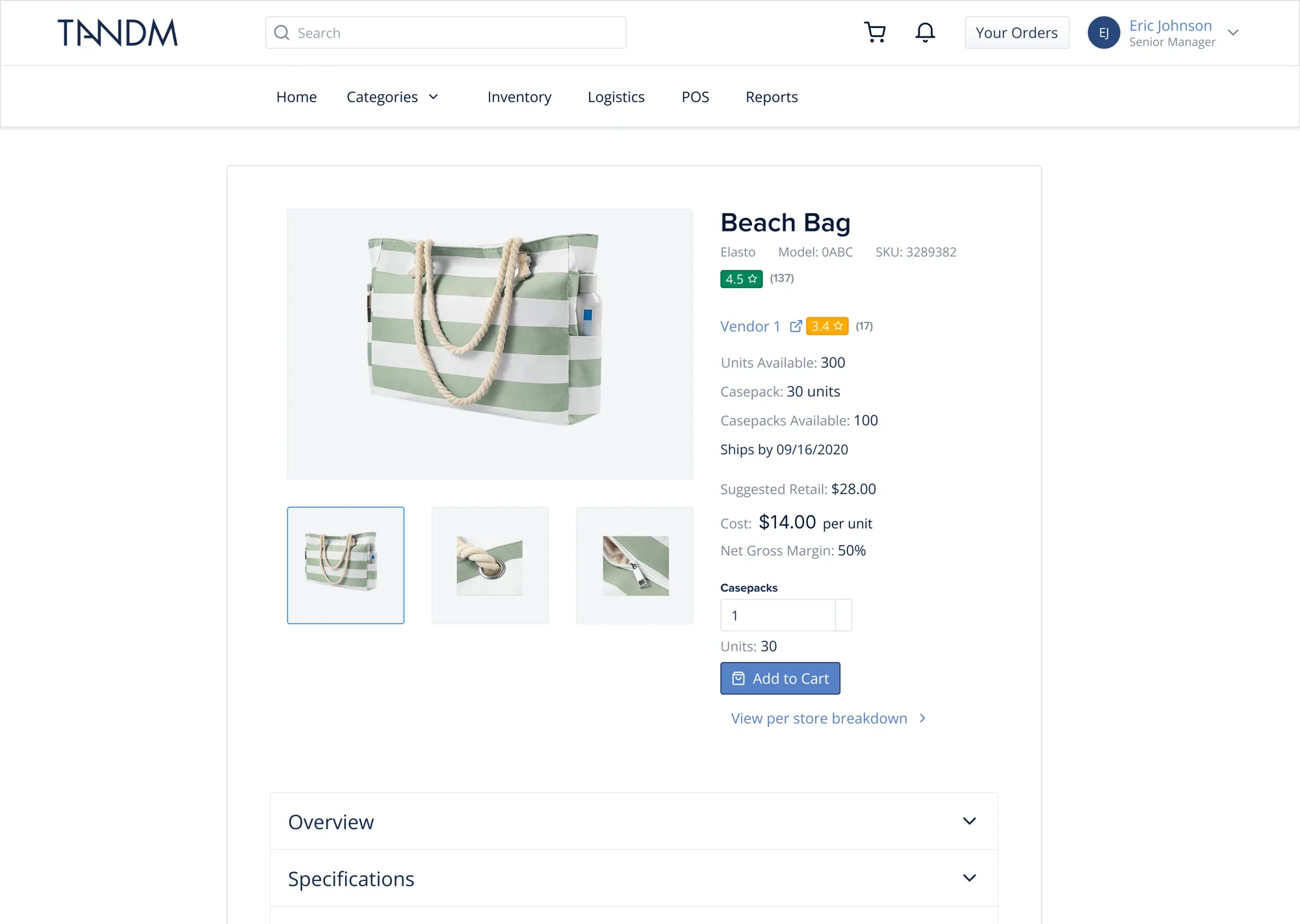 Product page for a beach bag with units and casepacks available, cost, gross margin and a casepack picker