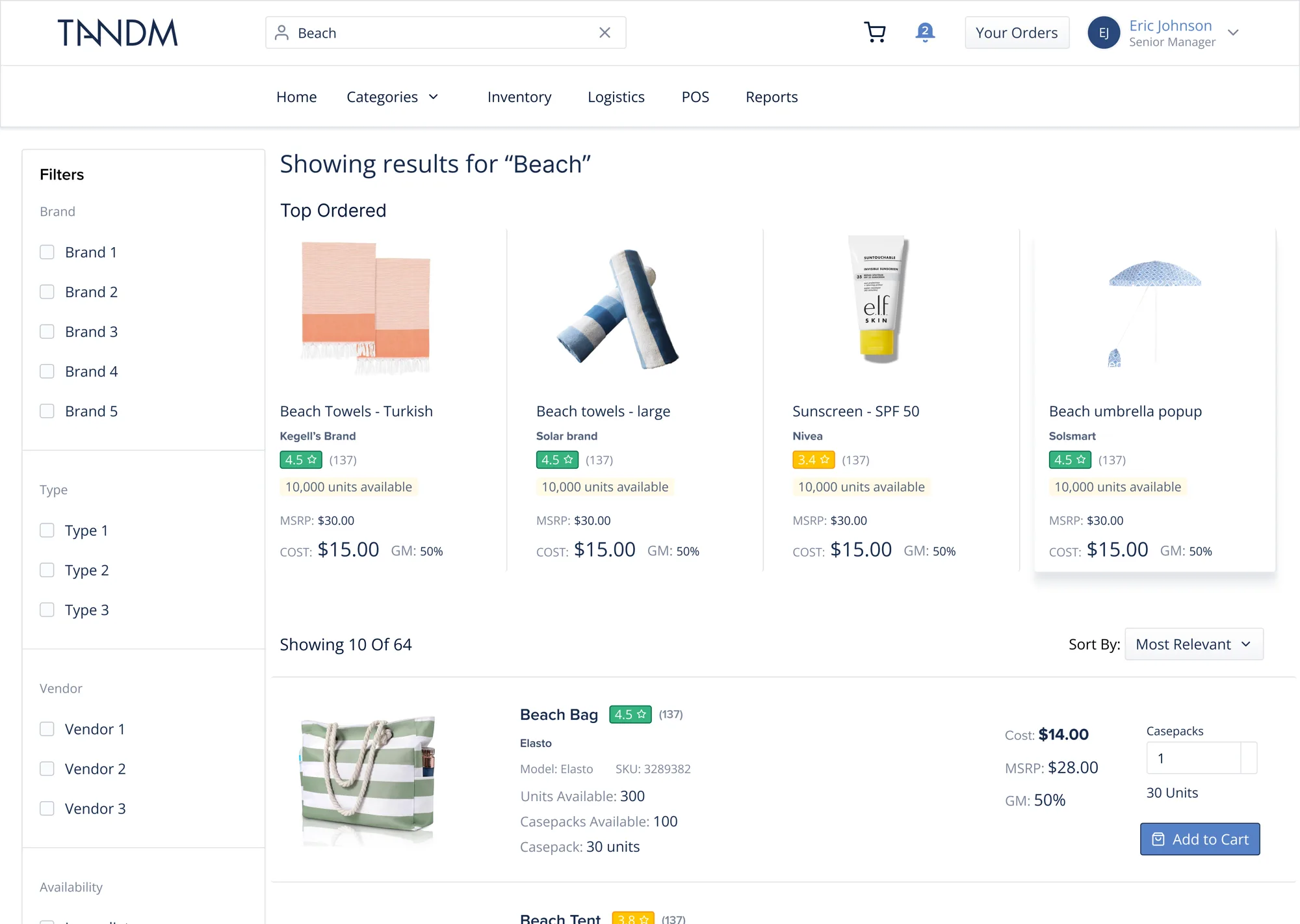 Search results for Beach, with filters, top ordered beach products, and each result showing cost, MSRP, margin, casepacks and Add to Cart