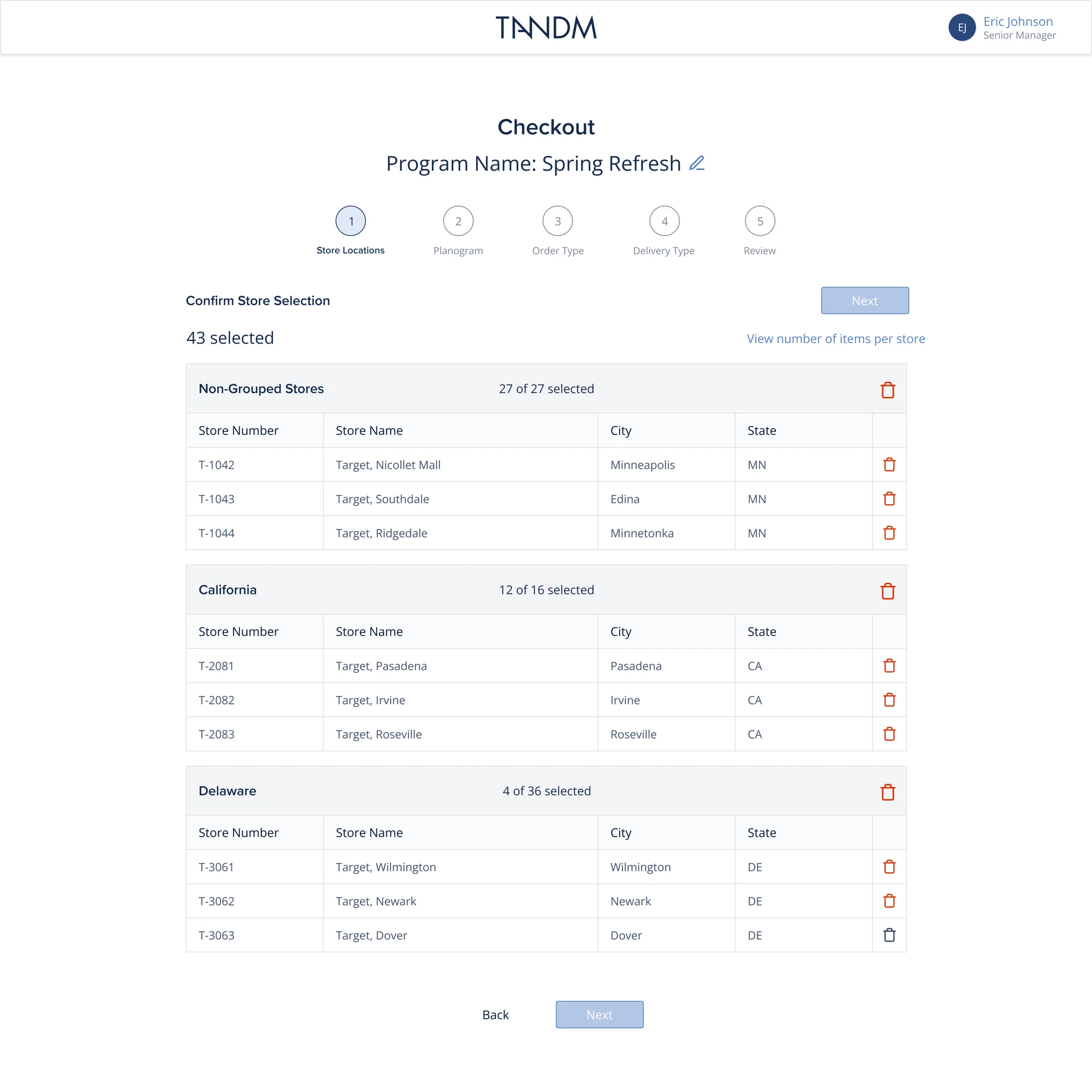 Confirm store selection: 43 stores grouped by region, each removable