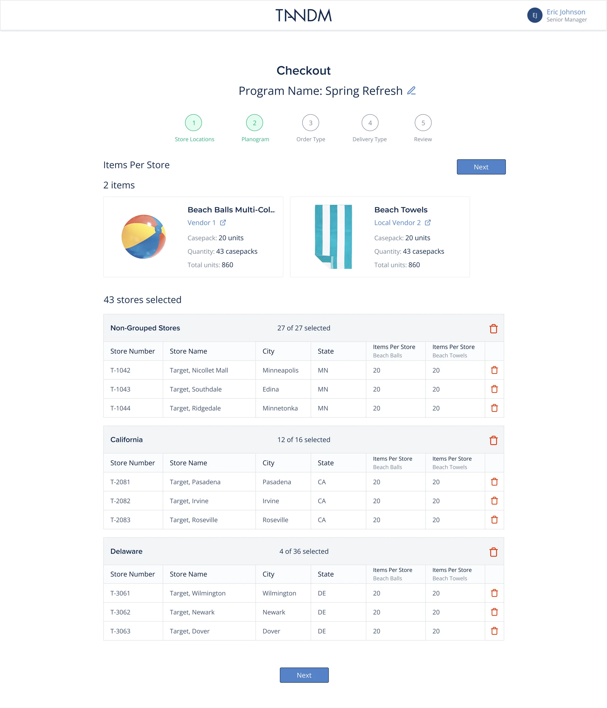 Checkout listing two products with casepacks and total units, then 43 selected stores grouped by region with items per store for each product