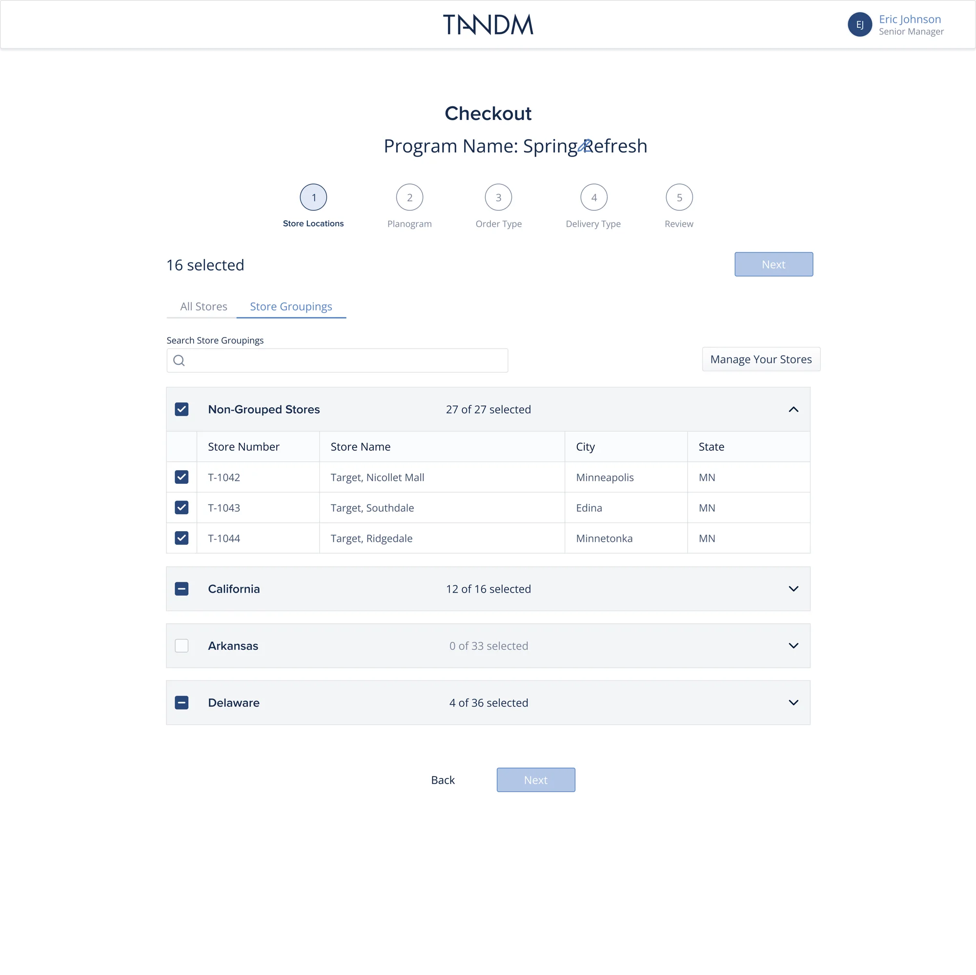 Checkout step one: store groups such as California and Delaware with partial selections, and a Manage Your Stores option