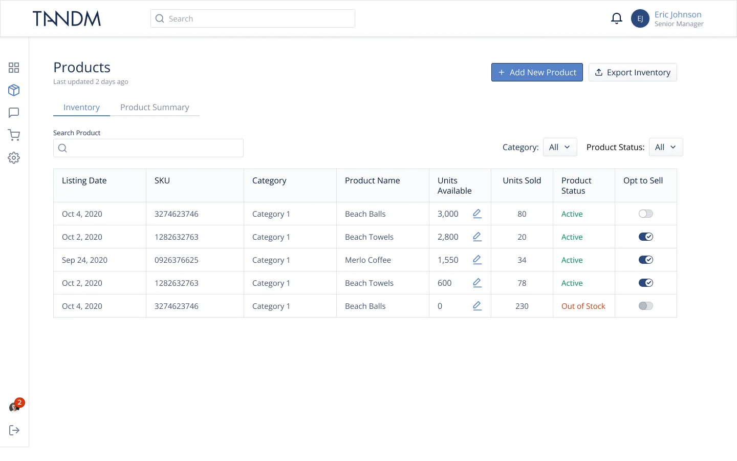 Vendor products inventory: listing date, SKU, units available with edit, units sold, status and an opt-to-sell toggle for each product