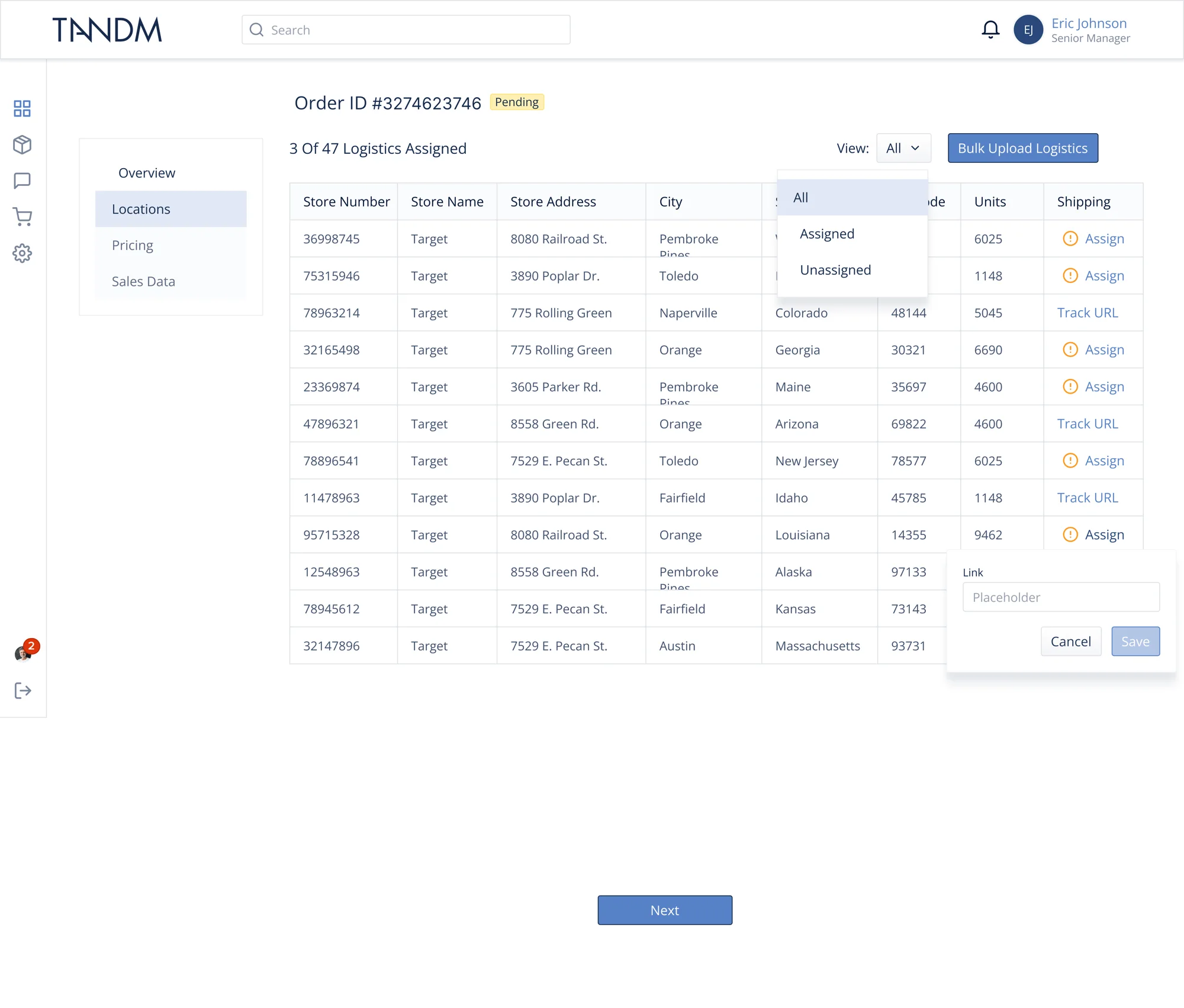 Vendor order view for a Target order: 3 of 47 logistics assigned, a list of stores with an Assign or Track URL action for each, and Bulk Upload Logistics