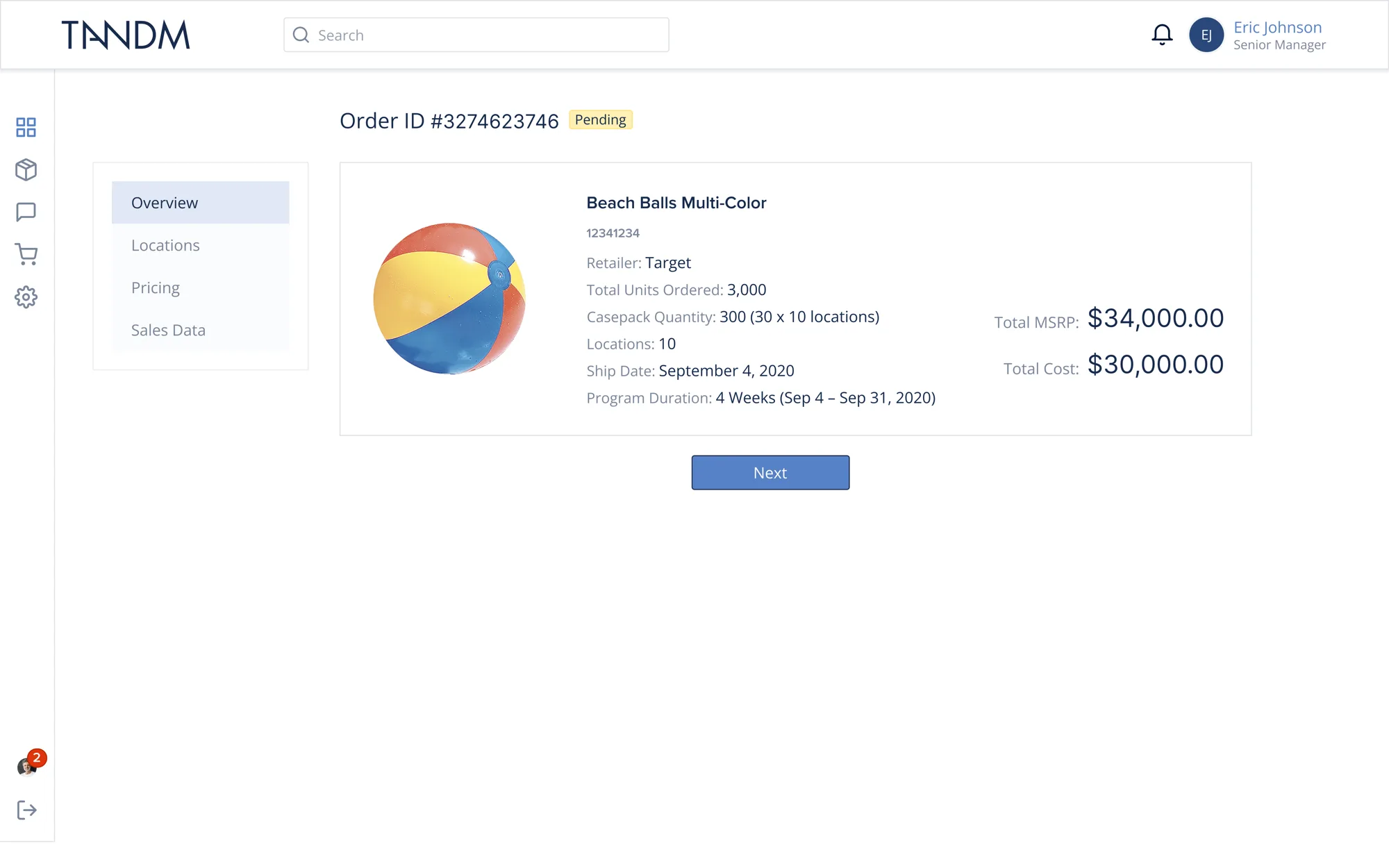 Order overview for 3,000 beach balls for Target: casepack quantity, locations, ship date, program duration, total MSRP and cost