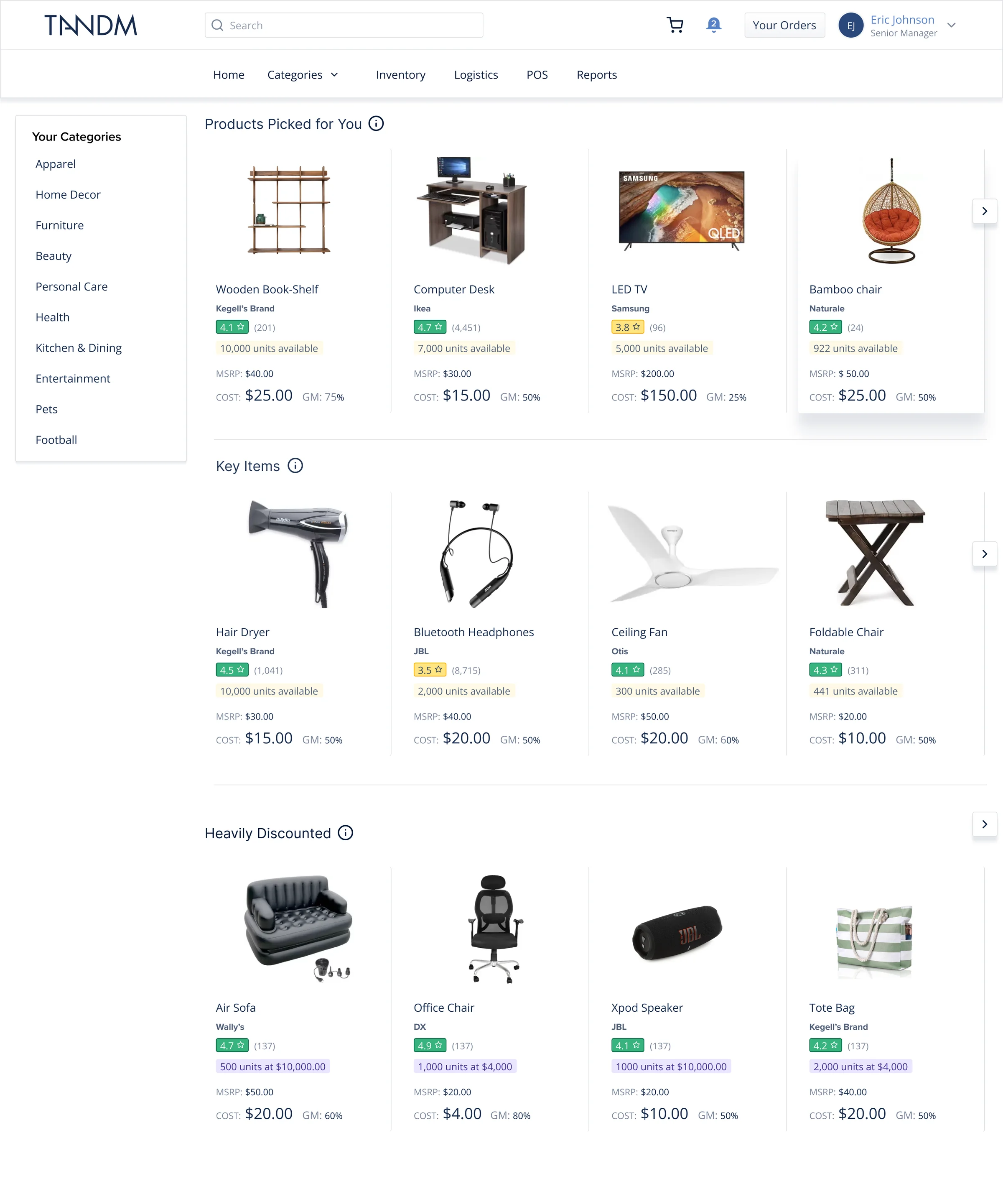 Buyer home: products picked for the buyer’s categories, key items and discounted stock, each with cost, MSRP and margin
