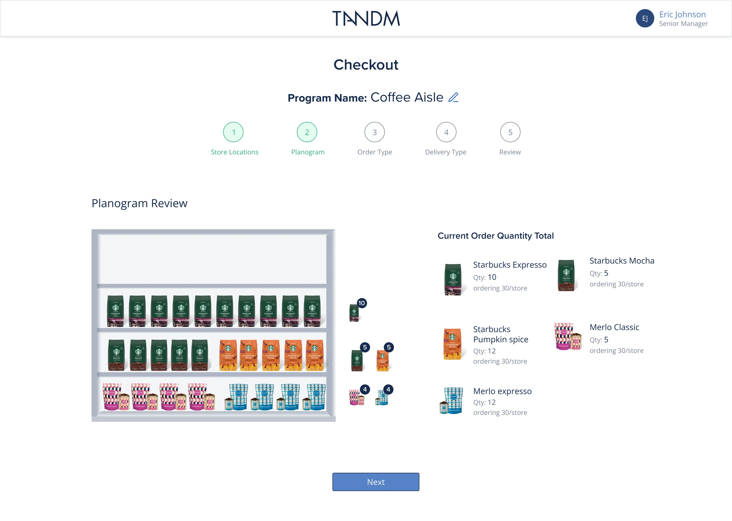 Checkout step 2, planogram review: a coffee aisle shelf filled with the ordered products, beside the order quantities