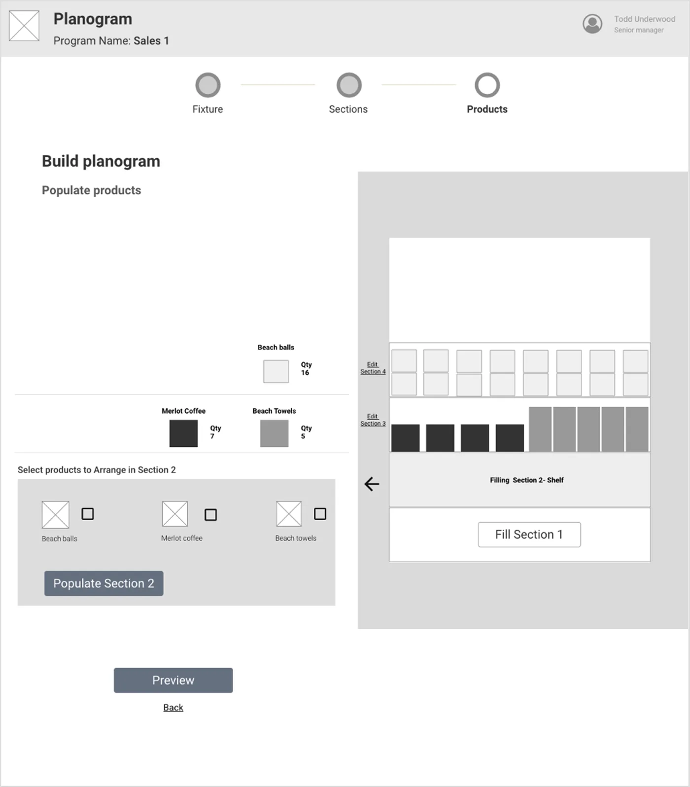 Wireframe: selecting products, then populating a shelf section with them, in a separate planogram tool