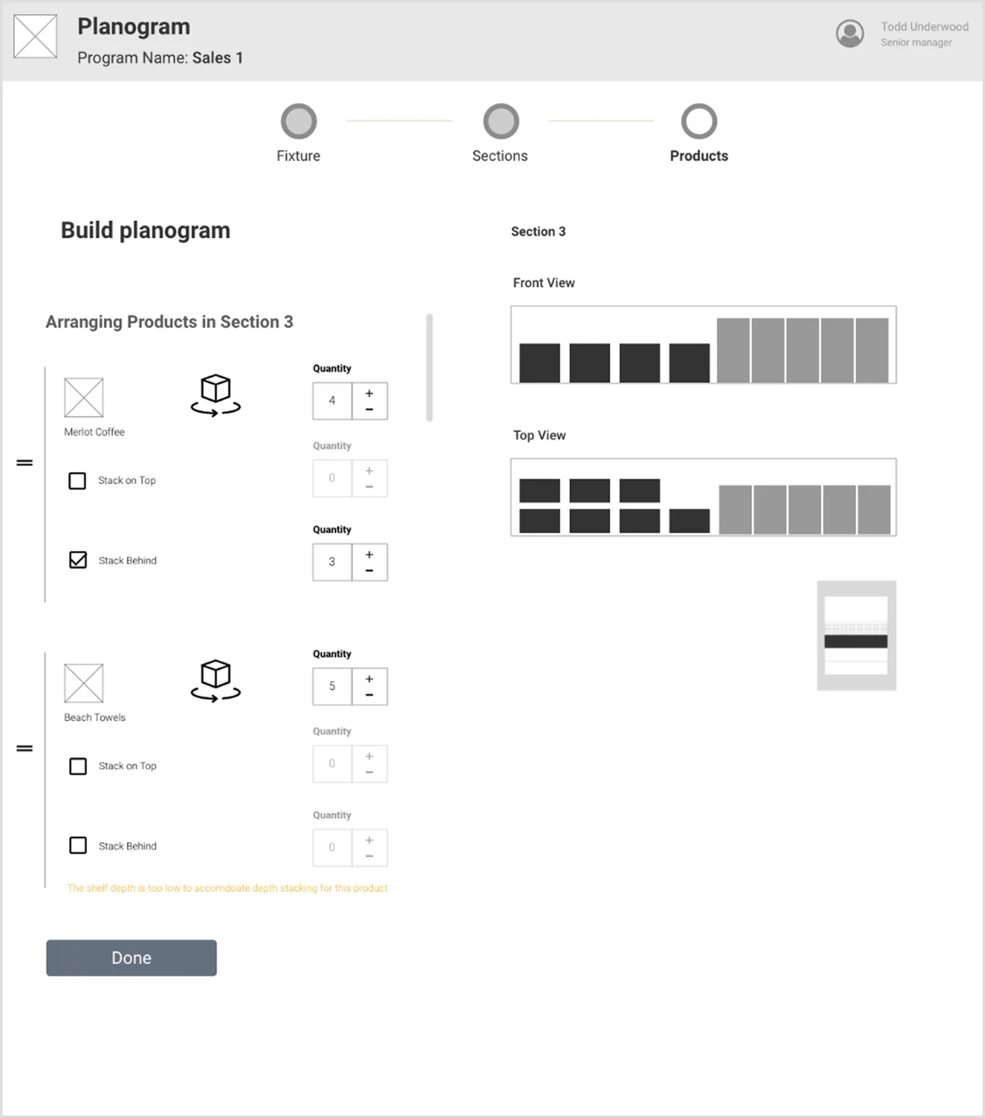 Wireframe: arranging products with front and top views, stacking behind, and a warning that the shelf is too shallow to stack