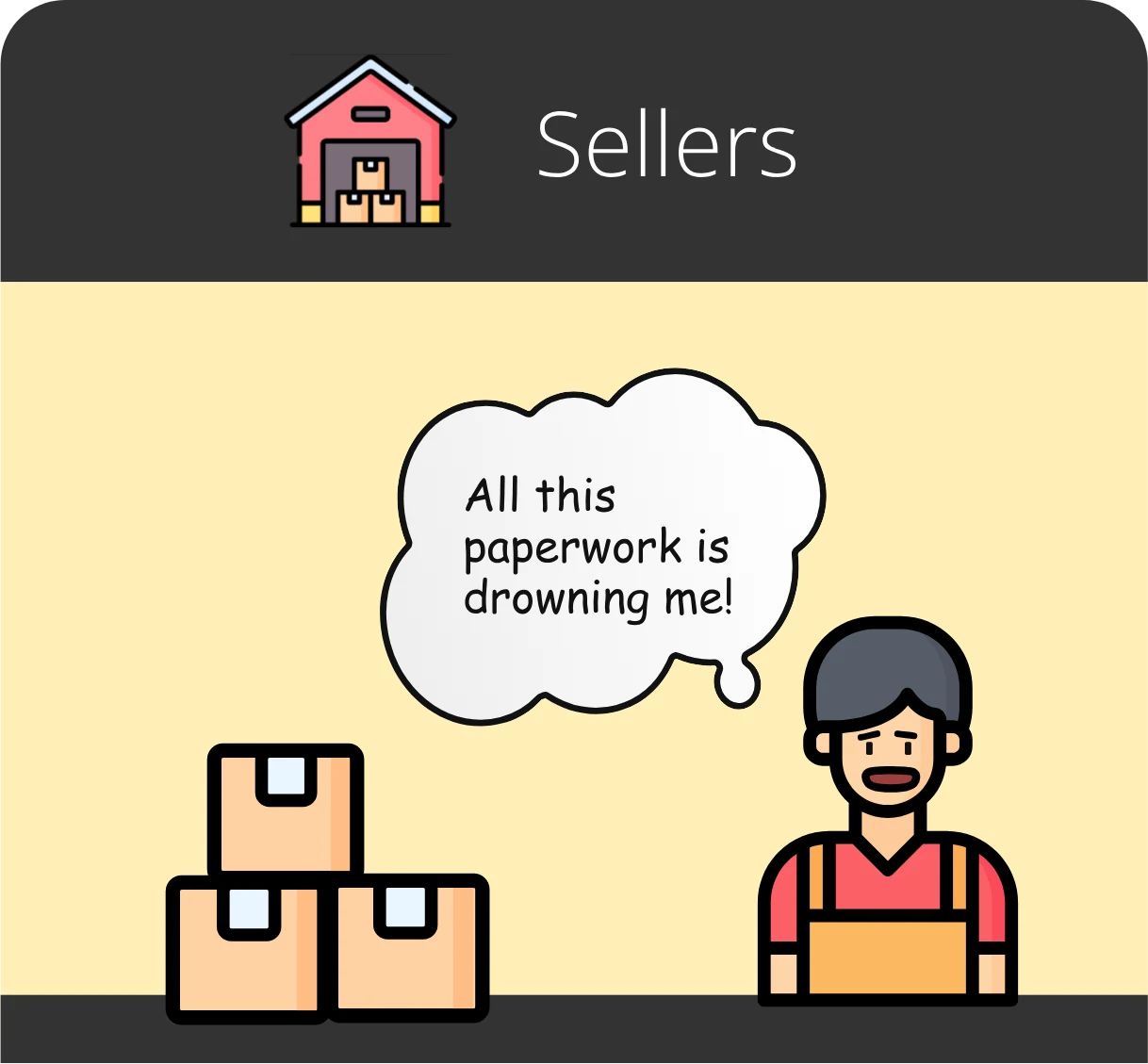 Sellers: a seller next to stacked boxes thinking, “All this paperwork is drowning me!”