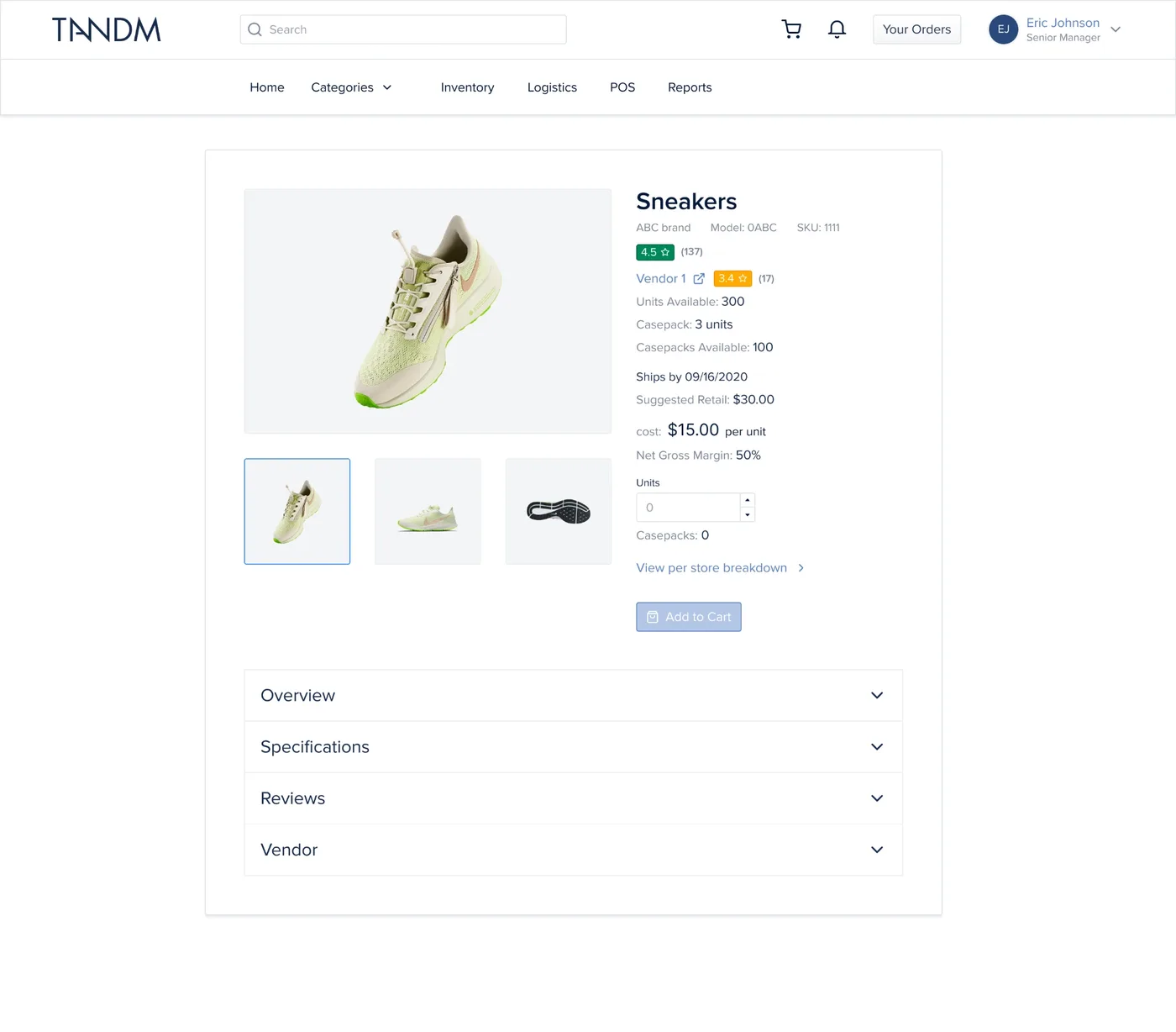 Tandm product page for sneakers, ordered by the casepack