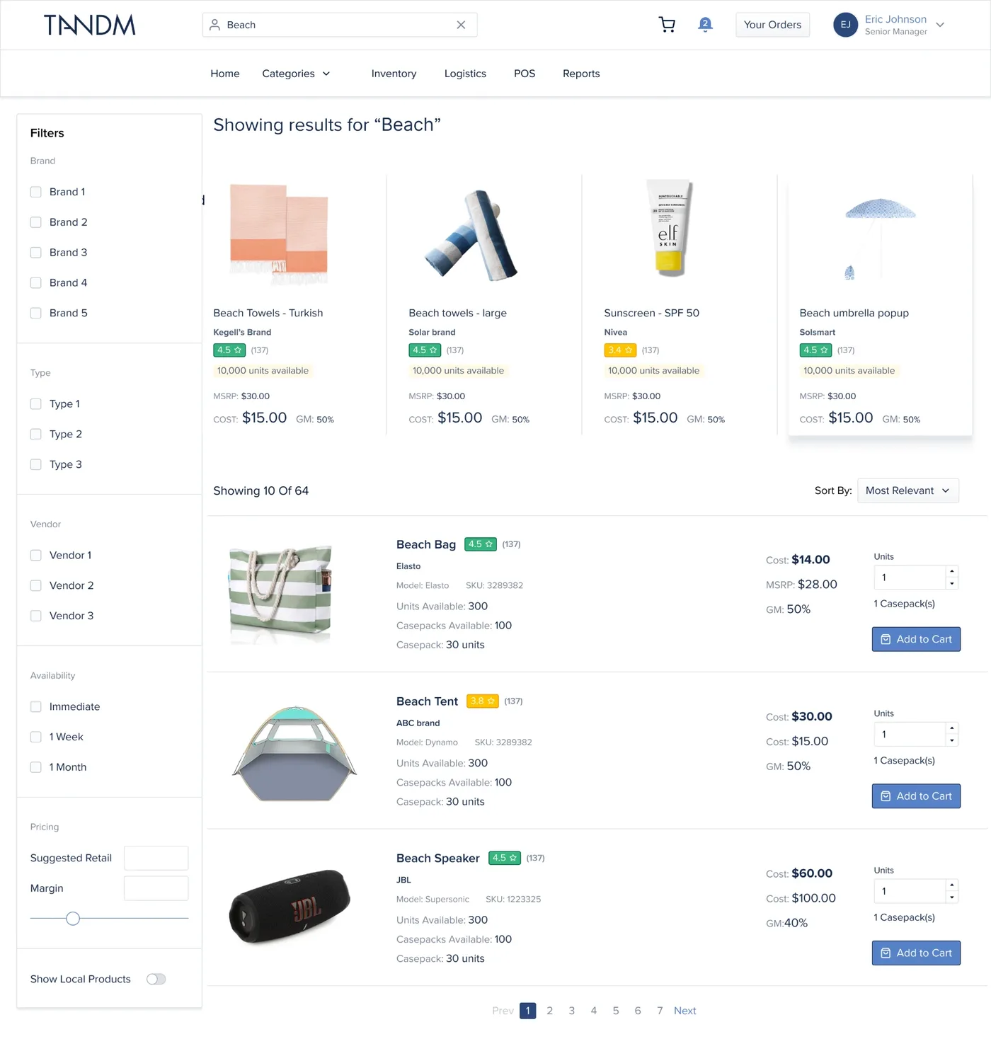 Tandm search results for Beach with filters and casepack ordering