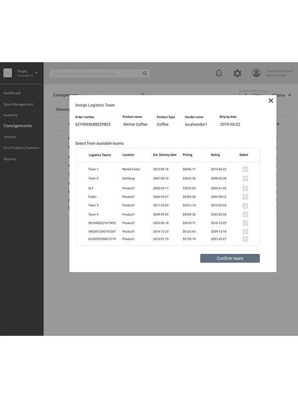 Wireframe: Assign a logistics team